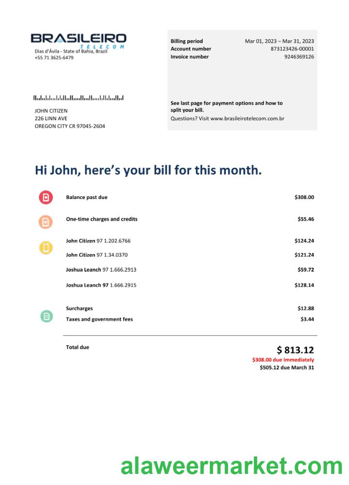 Brazil Braziliero Telecom telecommunication bill Word and PDF template